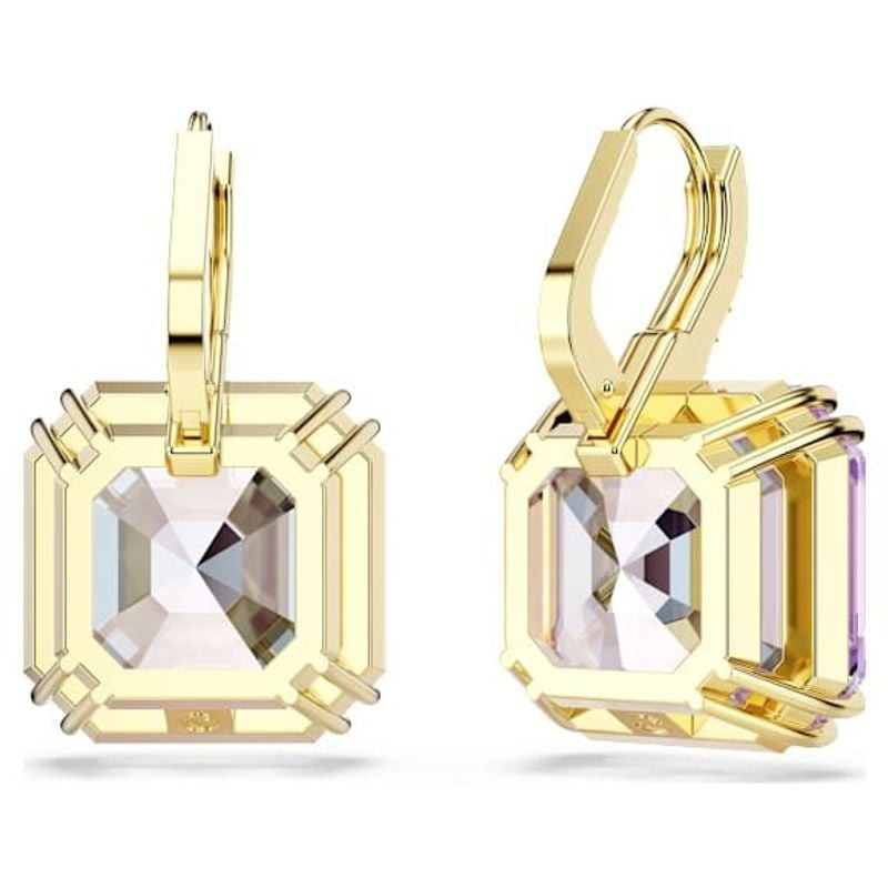 Boucles d'oreilles Pendantes Swarovski Carré Cristal Violet Plaqué Or, packshot sur fond blanc