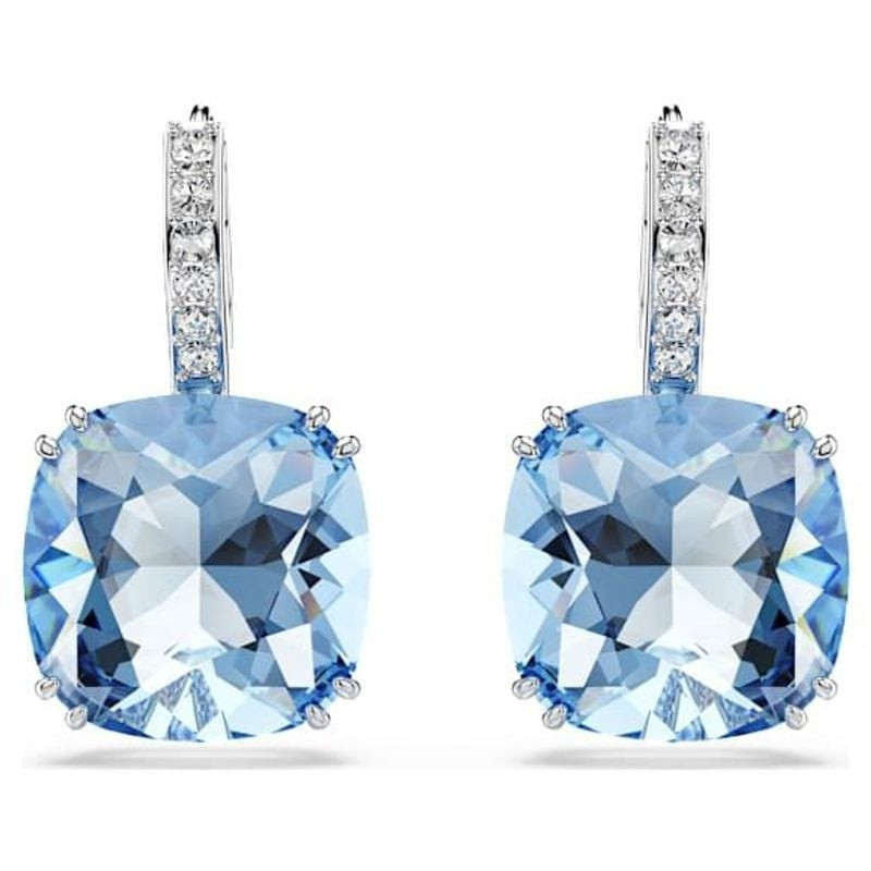 Boucles d'Oreilles Pendantes Swarovski Coussin Cristaux Plaqué Rhodium, packshot sur fond blanc.
