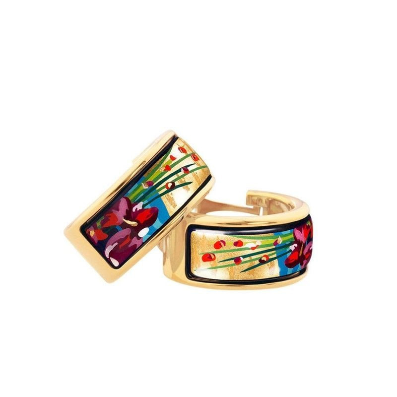 Paire de boucles d'oreilles demi-créoles FREY WILLE en émail grand feu, motif floral rouge, vert et 
