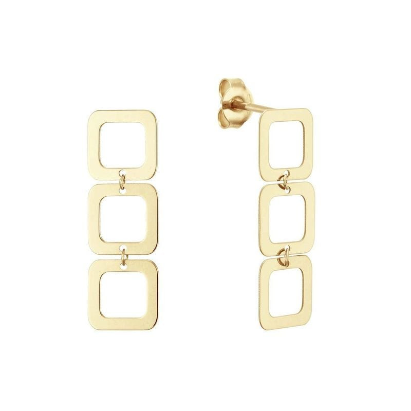 Boucles d'oreilles clous Jackie Gold Laguna or 14 carats, trois carrés reliés sur fond blanc