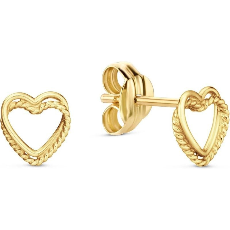 Paire de clous d'oreilles cœur torsadé en or jaune 14 carats, vue de face et de côté, fermoir à pous