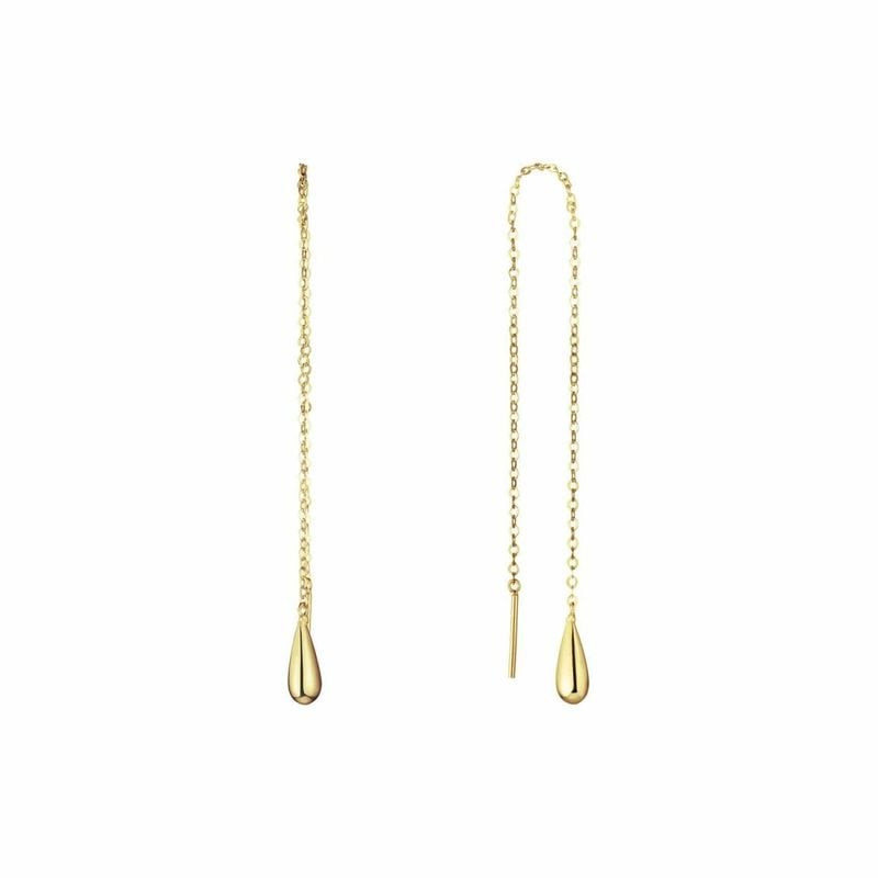Deux boucles d'oreilles traversantes Jackie Gold, or 14 carats avec fines chaînes et gouttes, une dr