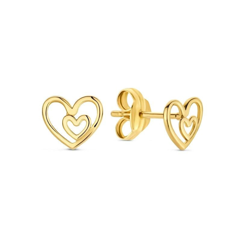Paire de boucles d'oreilles clous double cœur en or jaune 14 carats, vues de face et de dos avec fer