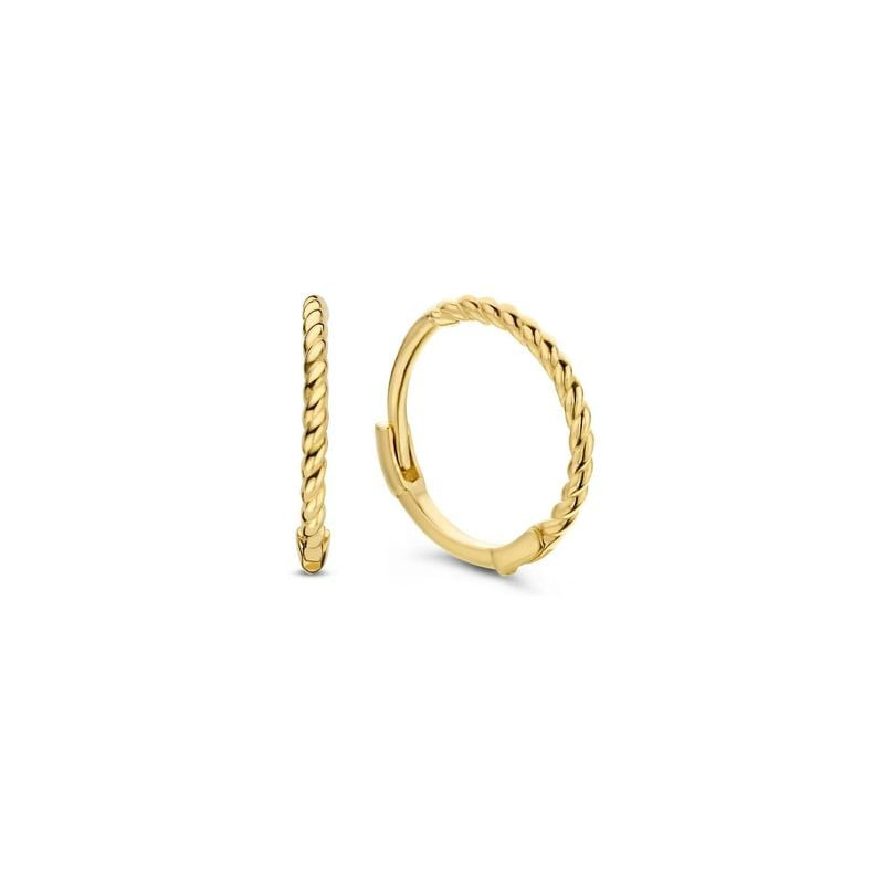 Paire de mini créoles en or jaune 14 carats, motif torsadé et fermoir brisure, vues de face et de cô