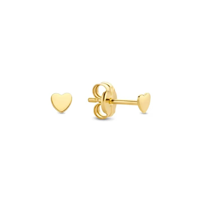 Paire de boucles d'oreilles clous Jackie Gold mini cœur or jaune 14 carats, vue de face et profil, f