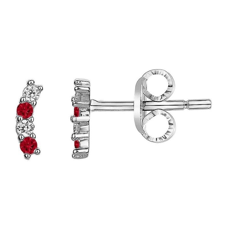 Paire de boucles d'oreilles clous argent 925, oxydes de zirconium rouges et blancs, vues face et côt