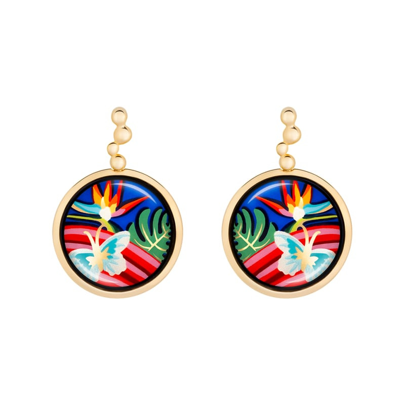 Packshot des Boucles d'Oreilles Pendantes Frey Wille Hommage à Frida Kahlo Émail à Feu Plaqué Or.