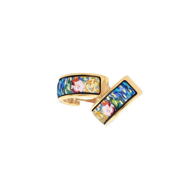 Packshot des boucles d'oreilles Créoles FREY WILLE Orangerie Émail plaqué or, vue de face sur fond b