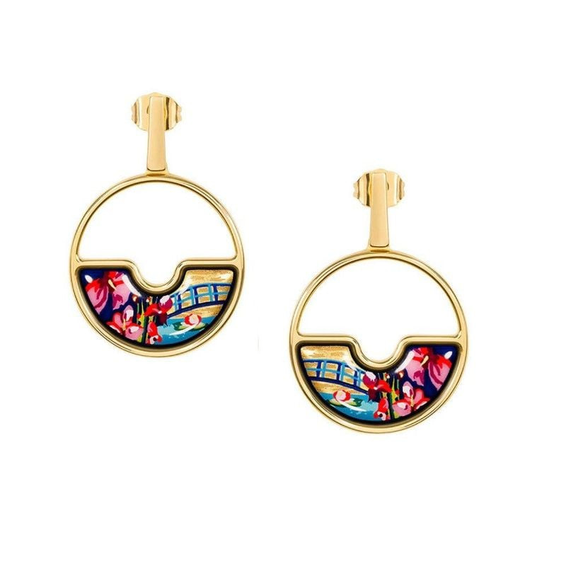 Paire de boucles d'oreilles FREYWILLE Swing avec créoles dorées et panneaux d'émail motif The Bridge