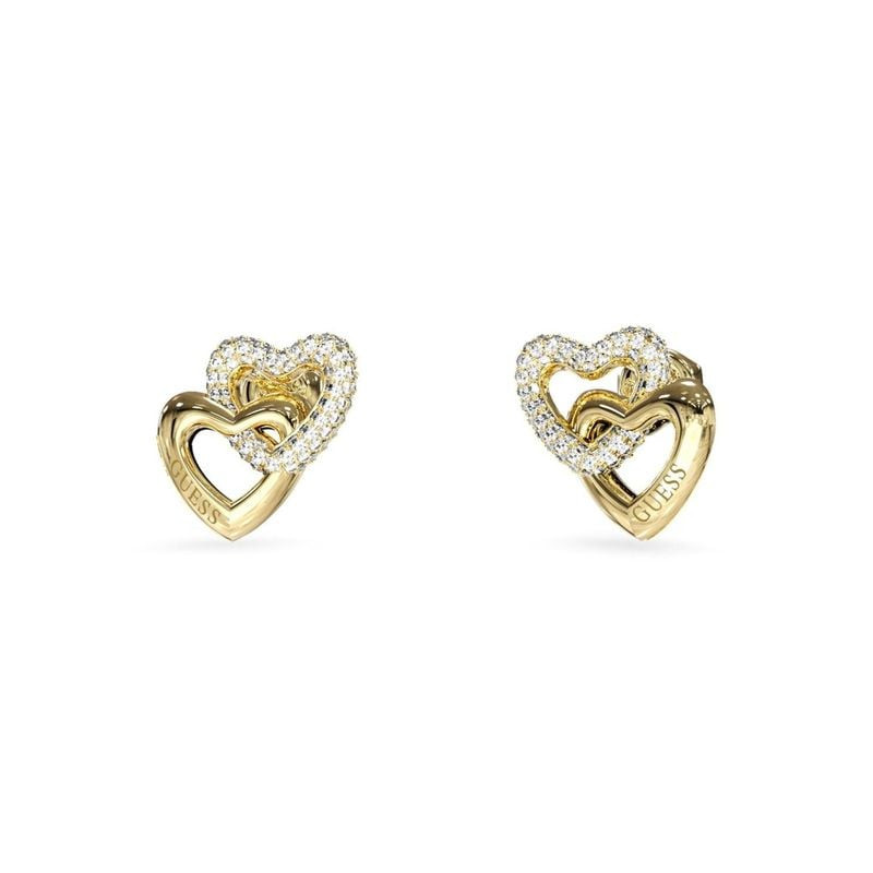 Boucles d'Oreilles Puces Guess Coeurs Entrelacés Pavés Acier Doré, packshot sur fond blanc