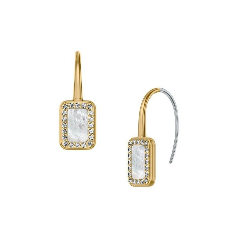 Deux vues des boucles d'oreilles Fossil Raquel dorées : centre en nacre, anneau de cristaux et croch