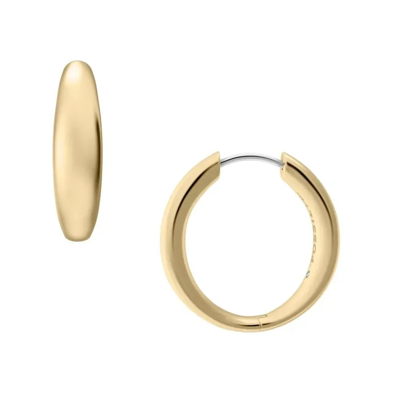 Boucles d'oreilles créoles Fossil Ellis rondes en acier doré, packshot sur fond blanc.