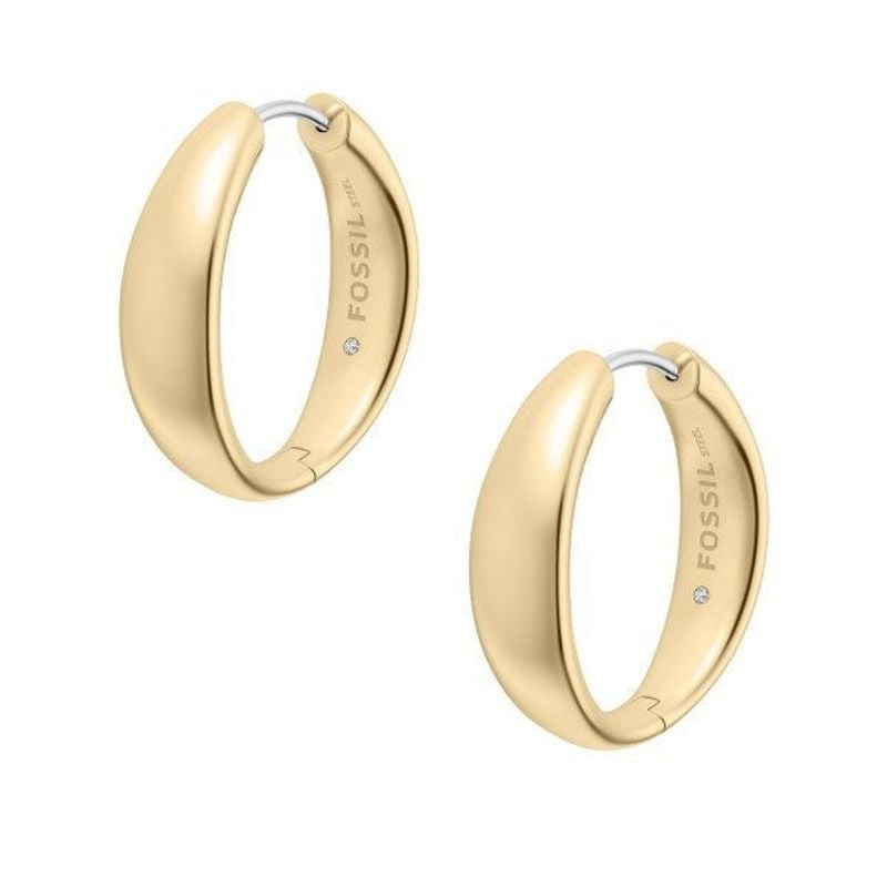 Boucles d'Oreilles Créoles Fossil Ellis Ronde Acier Doré, packshot sur fond blanc