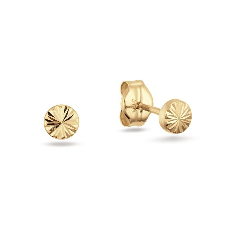Paire de clous d'oreilles or jaune 14 carats, disque facetté soleil, un de face, un avec fermoir pou