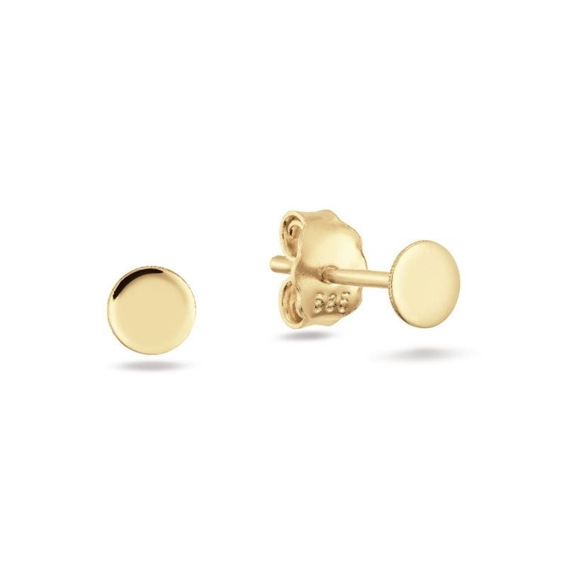 Paire de clous d'oreilles disque en or jaune 14 carats pour femme, présentées de face et de dos avec