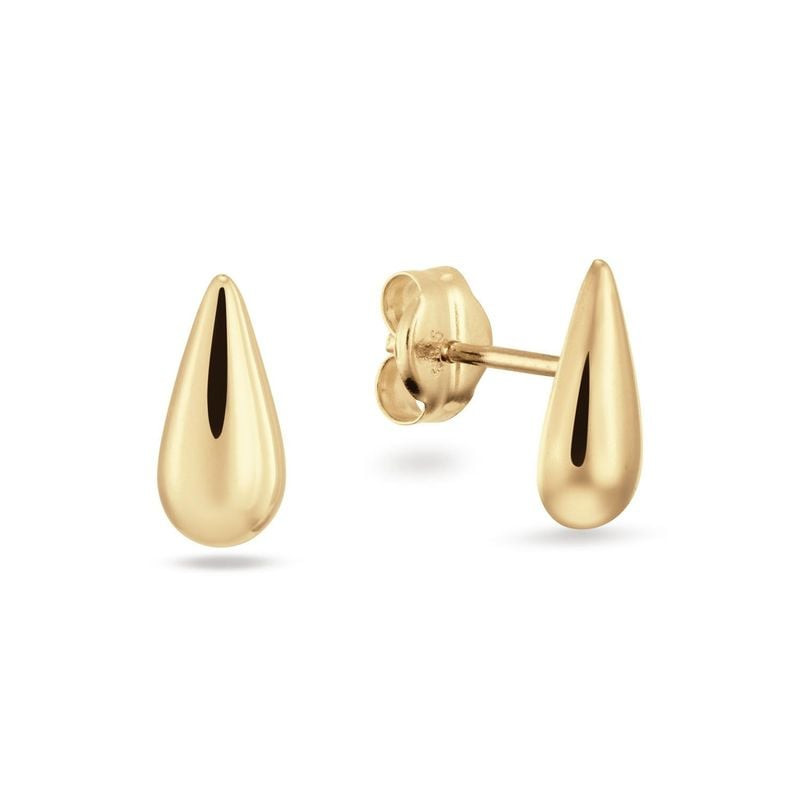 Paire de boucles d'oreilles clous goutte en or jaune 14 carats vues de face et de dos avec fermoirs 