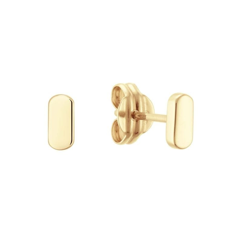 Paire de clous d'oreilles Jackie Gold Vivaldi en or jaune 14 carats, oblongs, vus de face et de dos,