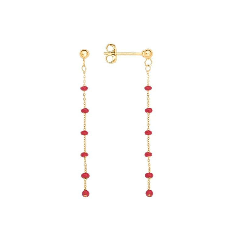 Paire de boucles d'oreilles pendantes en or jaune 18 carats avec boules rouges sur fine chaîne de 40