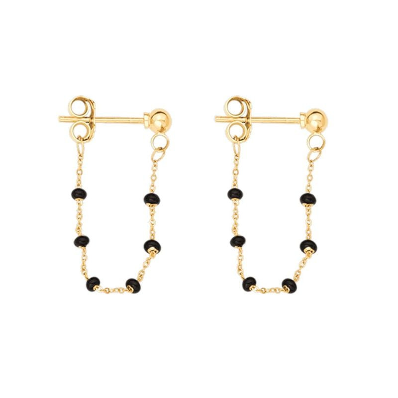 Boucles d'Oreilles Pendantes Caplain Saint André Boules Noires Or Jaune, packshot sur fond blanc