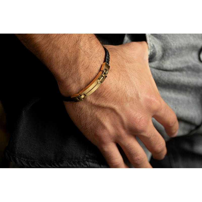 Bracelet PHEBUS Diamant collection Jacques cuir noir acier doré