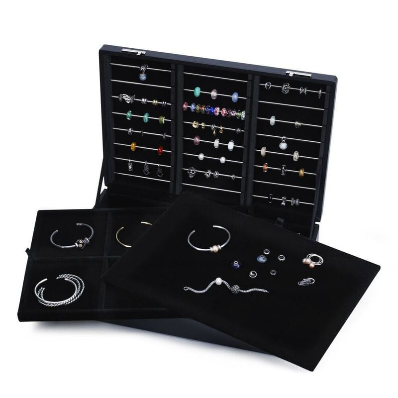Écrin Trollbeads Collectors entièrement ouvert avec plateaux amovibles en velours pour joncs, bracel