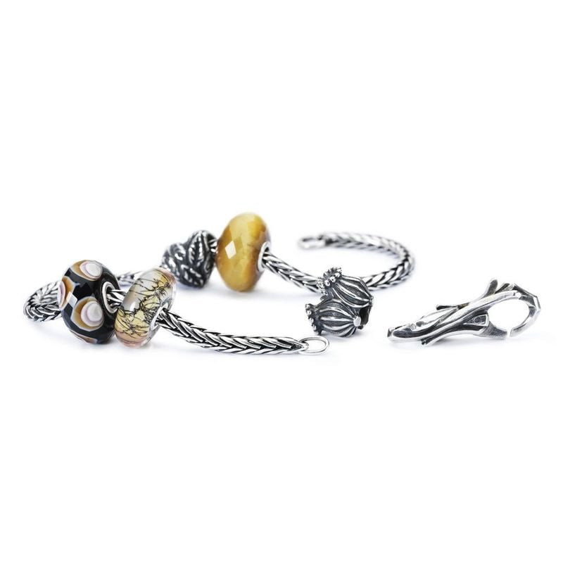 Perle Trollbeads en quartz œil-de-chat sur bracelet à chaîne en argent avec perles de verre, fermoir
