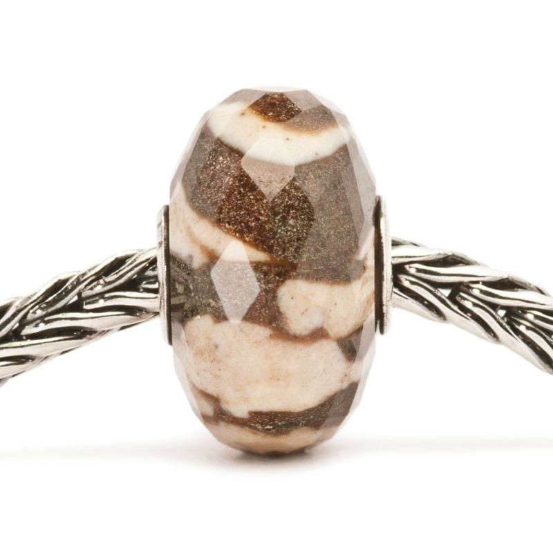 Perle Trollbeads Jaspe zébré en pierre enfilée sur une chaîne de bracelet Trollbeads en argent massi