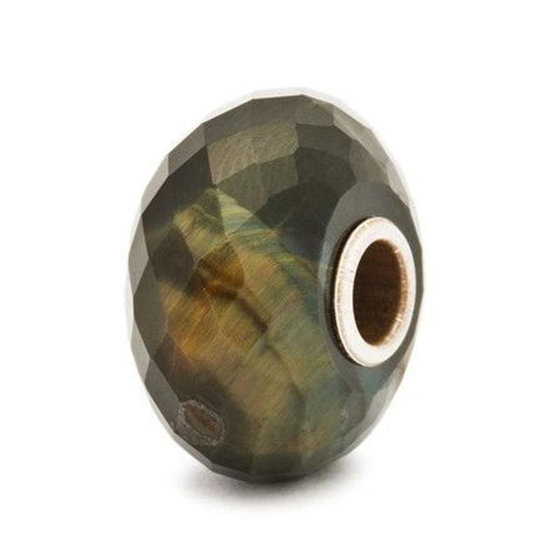 Perle Trollbeads en œil de tigre bleu facetté, pierre gemme aux bandes chatoyantes brun doré et âme 