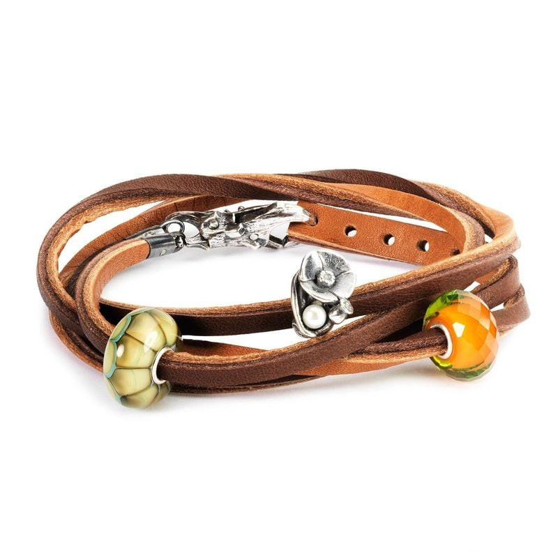 Bracelet Trollbeads en cuir marron avec perles en verre vert, fleur en argent, perles en verre orang