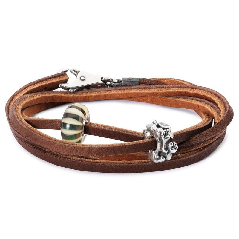 Bracelet Trollbeads en cuir marron double tour orné d'une perle en verre rayée et d'un charme en arg