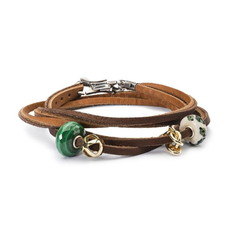 Bracelet Trollbeads en cuir avec perle malachite verte, perle en céramique à pois et charms dorés