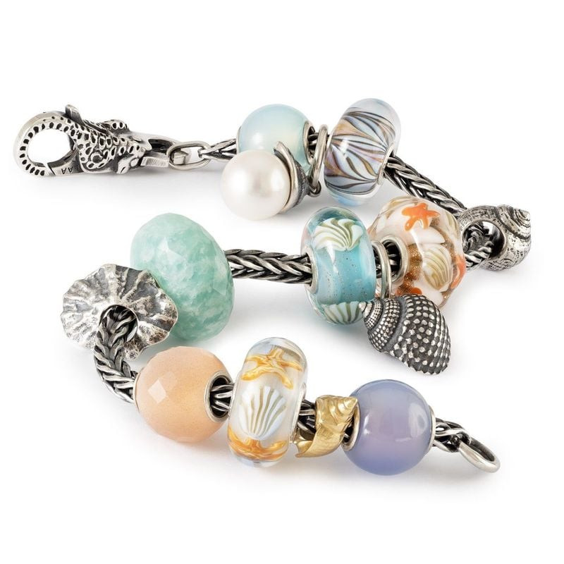 Diverses perles Trollbeads sur un bracelet en argent, dont Compagnons de l'Océan