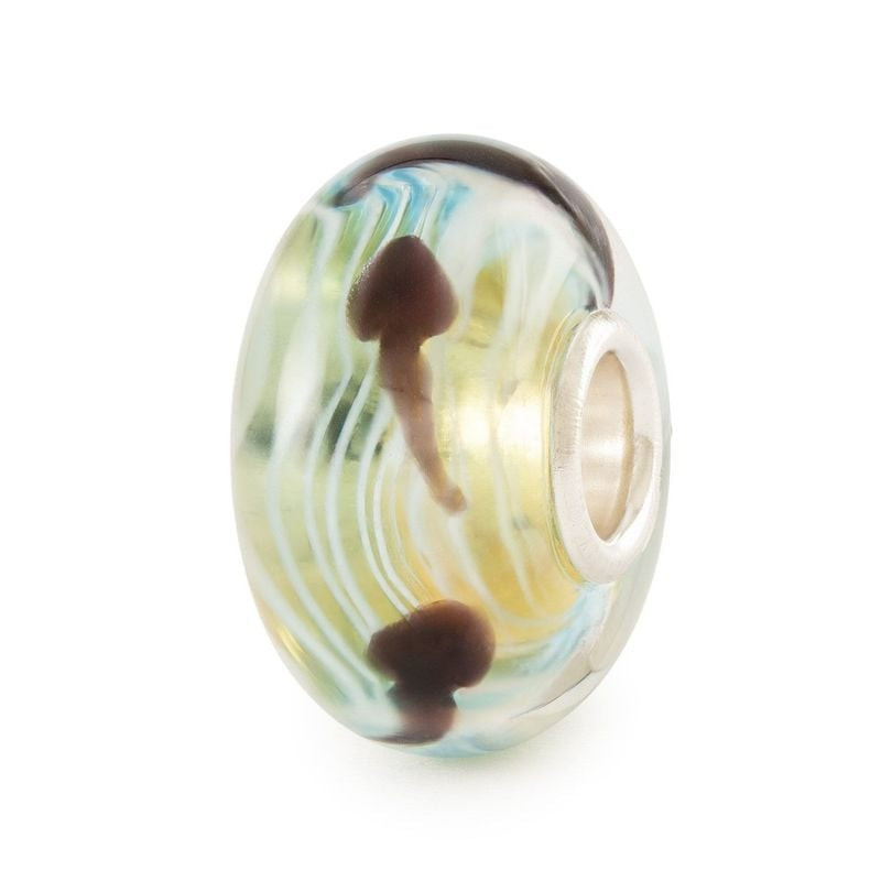 Perle en verre artisanale Trollbeads Voyage du Têtard avec motifs de têtards bruns et verre vert, bl