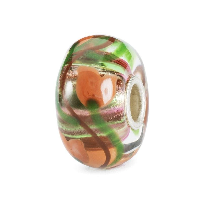 Perle en verre Trollbeads Love in Bloom, tulipes rouges et rayures vertes, cœur en argent visible, f