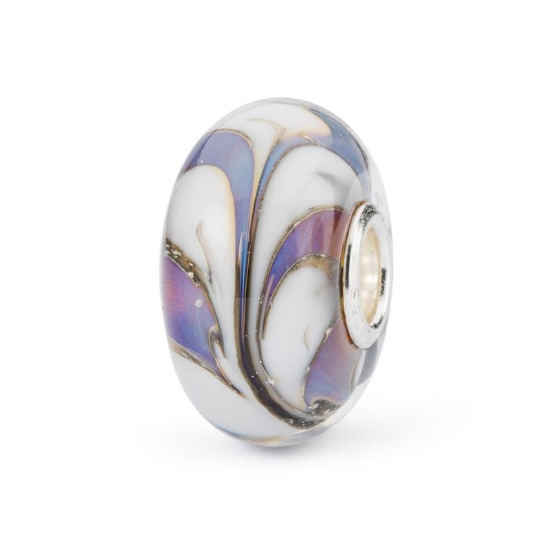 Perle Trollbeads Colombe Verre Blanc avec plumes blanches, volutes dorées et reflets irisés bleu-vio