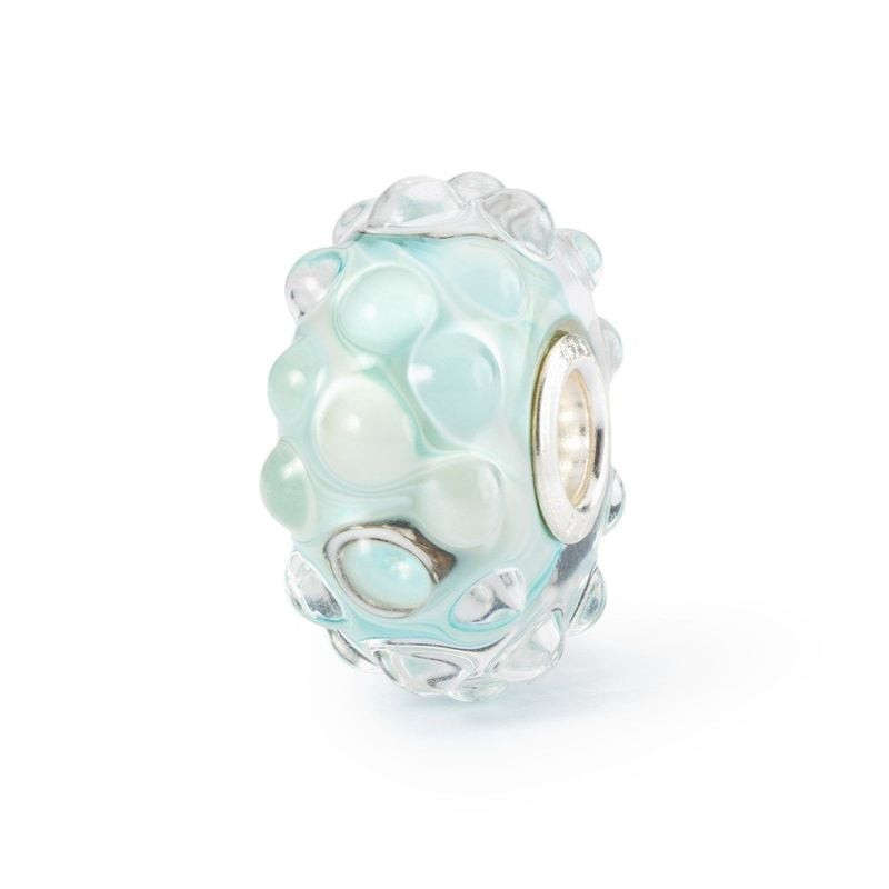 Perle de verre Trollbeads Vue sur Mer, texture bulleuse bleu-vert clair et noyau en argent sterling 