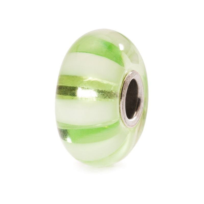 Perle Trollbeads Trait vert tendre en verre, rayures alternées vert clair givré et transparent, avec