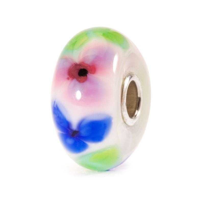 Perle de charme en verre Trollbeads Anémone de France avec fleurs d'anémone roses et bleues et cœur 