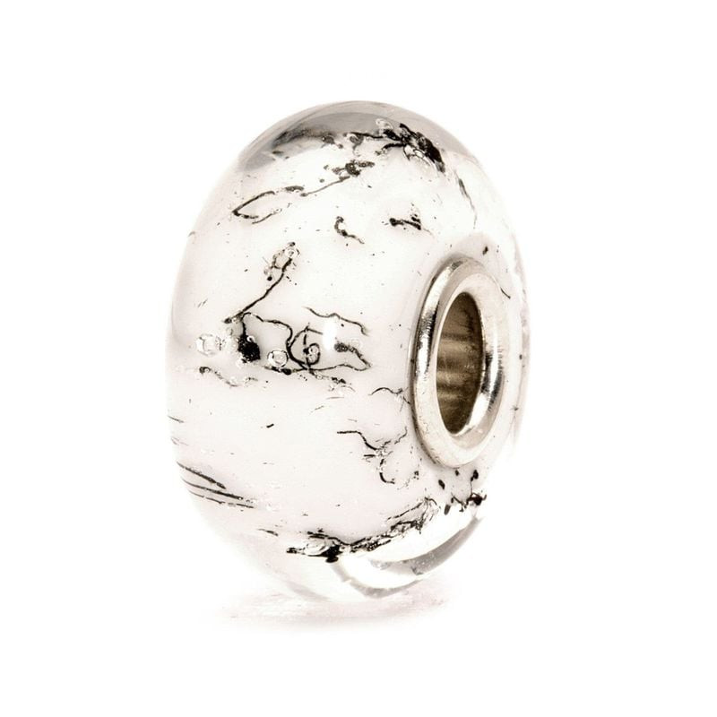Perle Trollbeads Acier blanc en verre de Murano blanc avec fils d'acier noirs et cœur en argent