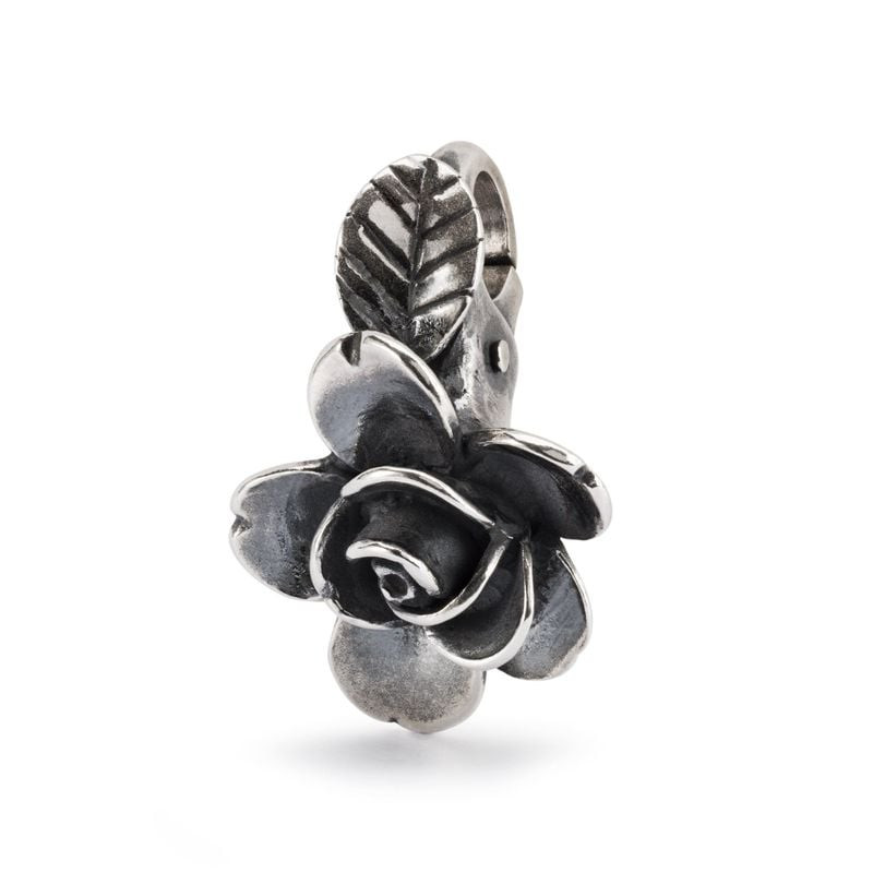 Pendentif Trollbeads Rose de la Beauté en argent sterling avec pétales de rose détaillés et feuille 