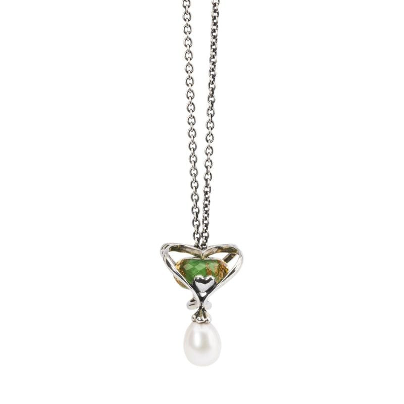 Pendentif Trollbeads Cœur à Cœur en argent sterling sur collier Fantasy avec perle verte et perle bl