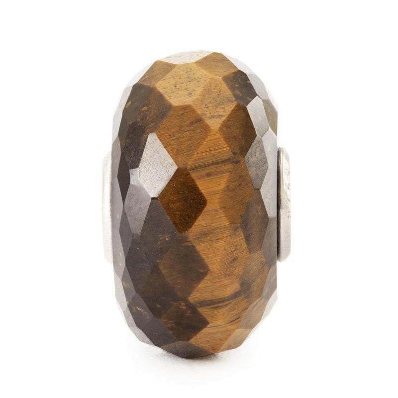 Perle Trollbeads œil de tigre jaune facettée avec reflets brun doré et noyau en argent sterling, vue