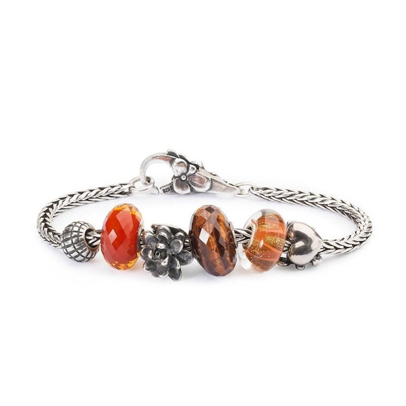 Bracelet Trollbeads avec perle œil de tigre rouge et charms fleur en argent sur fond blanc