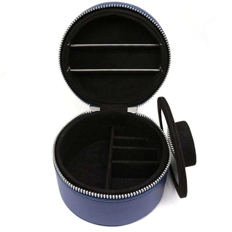 Packshot de la Boîte à Rangement Trollbeads Ronde Cuir Bleu Nuit, écrin rond avec miroir et comparti