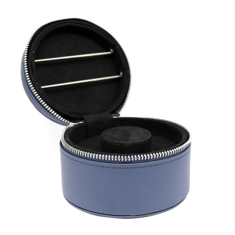 Packshot de la Boîte à Rangement Trollbeads Ronde Cuir Bleu Nuit, écrin à bijoux avec miroir