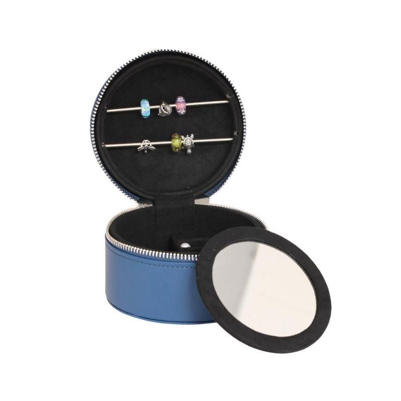 Packshot de la Boîte à Rangement Trollbeads Ronde Cuir Bleu Nuit, écrin à bijoux avec miroir.