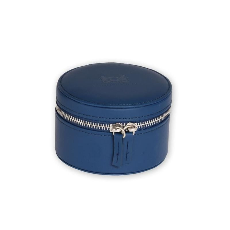 Packshot de la Boîte à Rangement Trollbeads Ronde Cuir Bleu Nuit, vue de face.