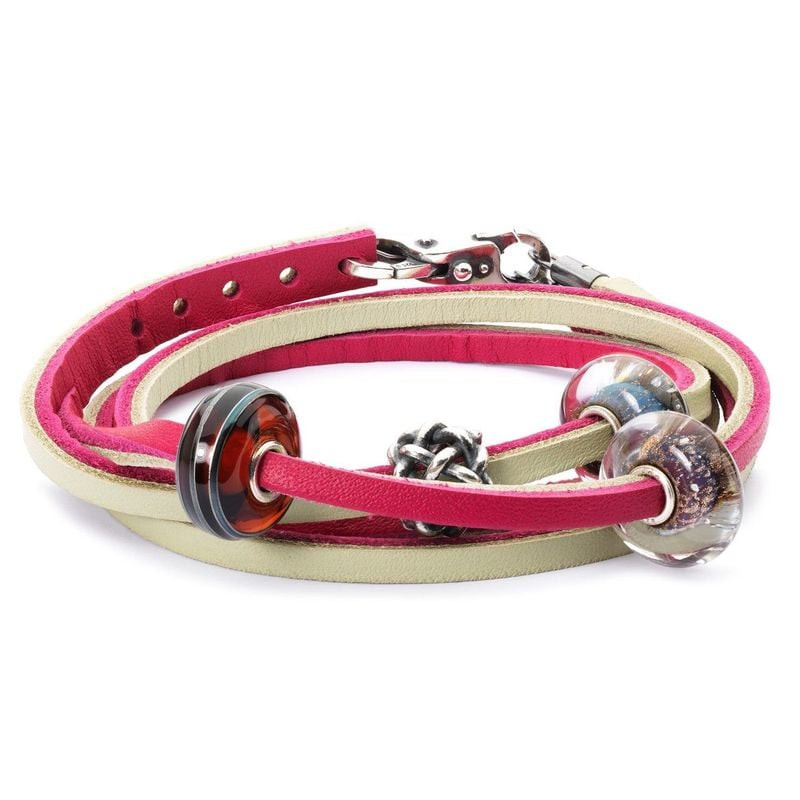 Bracelet Trollbeads double cuir cerise et vert sauge orné de perles de verre et fermoir argent, doub