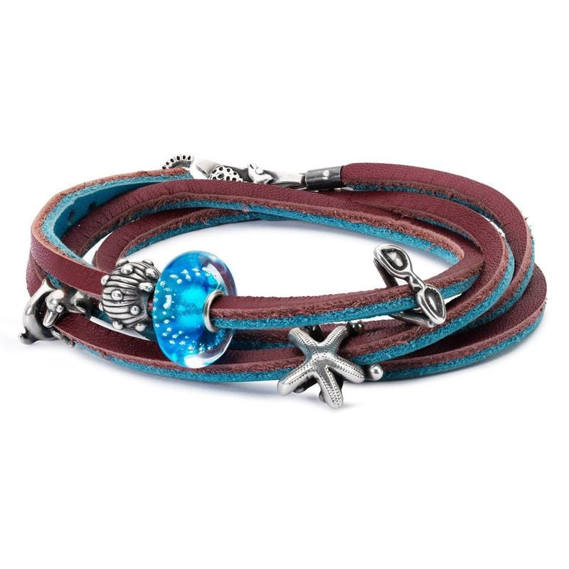 Packshot du Bracelet Trollbeads Cuir Prune et Turquoise en cuir véritable tressé, bijou modulable