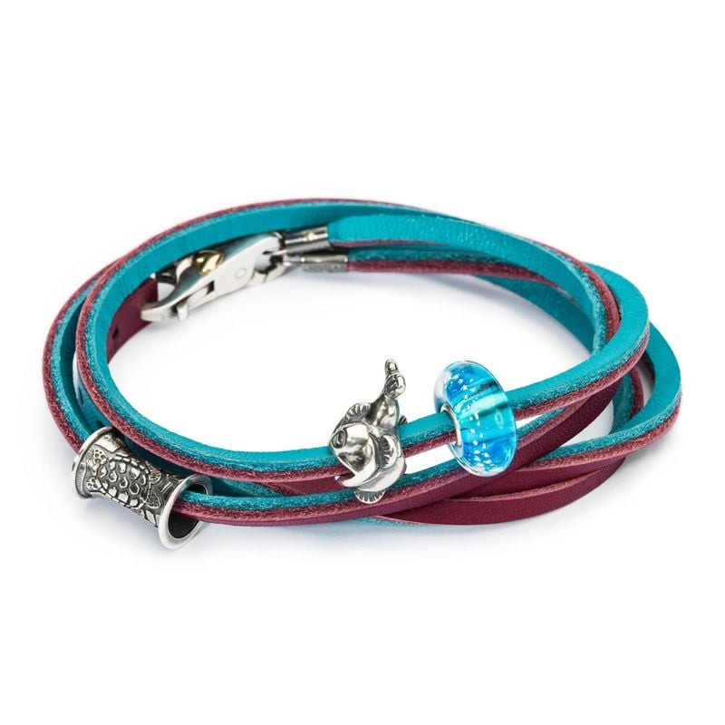 Bracelet Trollbeads Cuir Prune et Turquoise, packshot sur fond blanc, bijou modulaire en cuir vérita